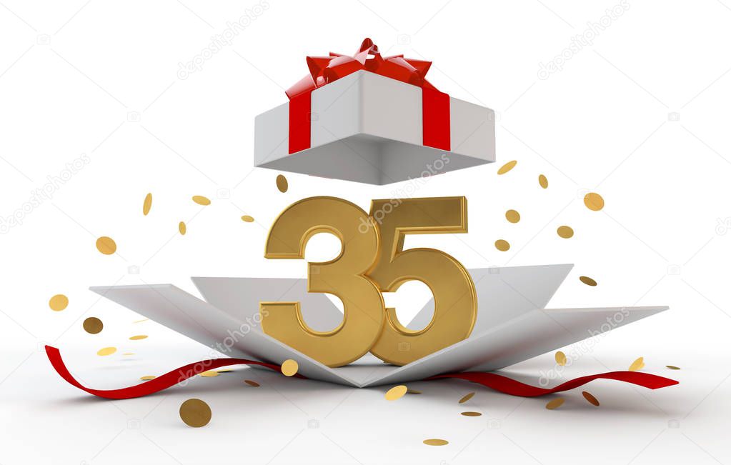 Happy 35th birthday gold surprise boxwith red ribbon. 3D Rendering