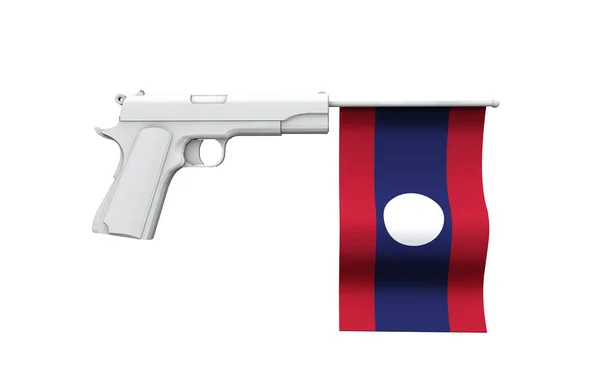 Концепция контроля над оружием Лаоса. Ручной пистолет с национальным флагом — стоковое фото
