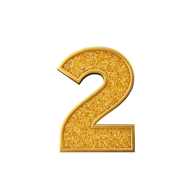 Zlatý třpyt číslo 2. Lesklý zářivě zlaté číslo. 3D vykreslování — Stock fotografie