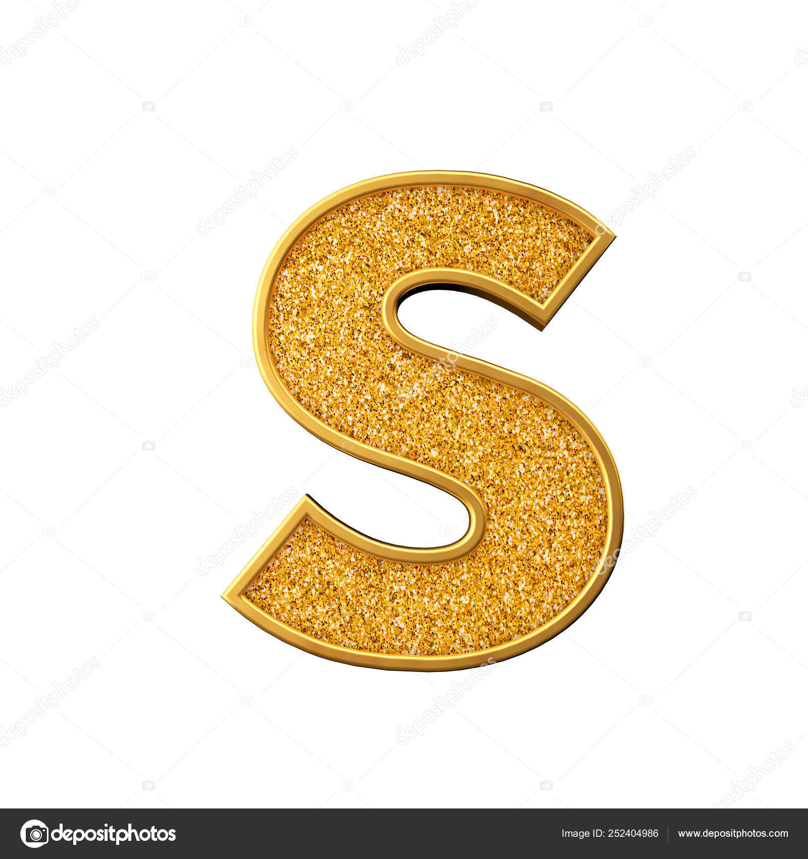Gold glitter letter S. Shiny sparkling golden capital letter. 3D