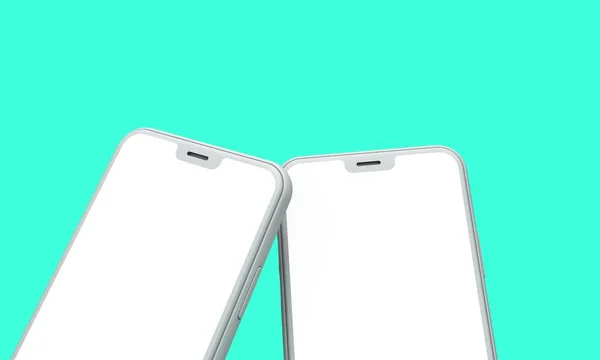 智能手机模型与空白白色屏幕上的绿色背景。3d 渲染 — 图库照片