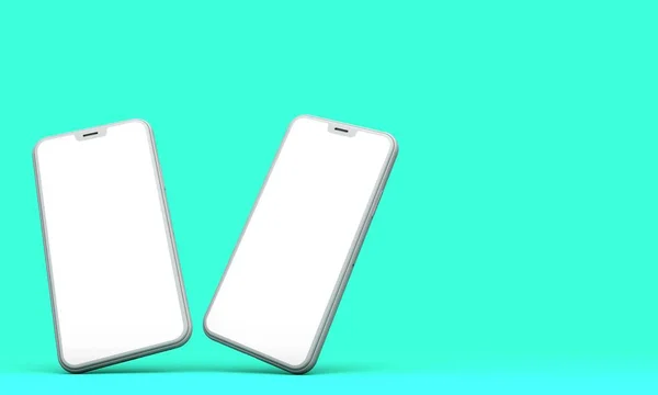 Makieta smartphone z pusty ekran biały na zielonym tle. 3D render — Zdjęcie stockowe