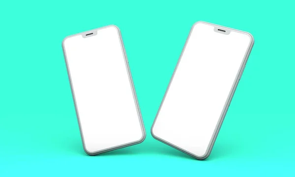 Макет смартфона з порожнім білим екраном на зеленому тлі. 3D рендеринг — стокове фото