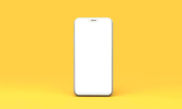 智能手机模型与空白白色屏幕上的黄色背景。3d 渲染 — 图库照片