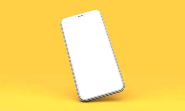 Smartphone-Attrappe mit leerem weißen Bildschirm auf gelbem Hintergrund. 3D-Darstellung — Stockfoto