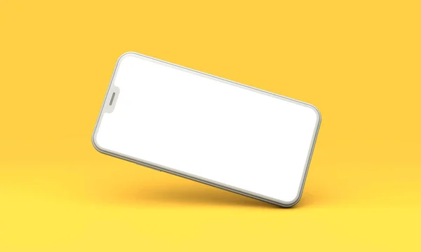 Smartphone-Attrappe mit leerem weißen Bildschirm auf gelbem Hintergrund. 3D-Darstellung — Stockfoto