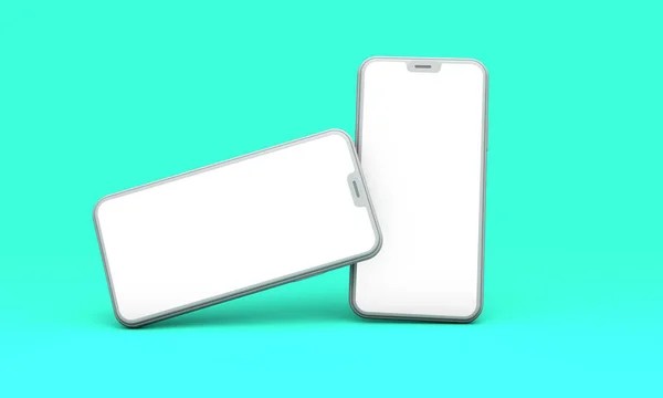 Makieta smartphone z pusty ekran biały na zielonym tle. 3D render — Zdjęcie stockowe