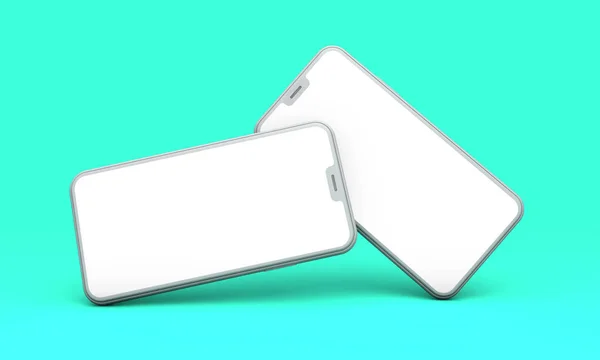 Smartphone-Attrappe mit leerem weißen Bildschirm auf grünem Hintergrund. 3D-Darstellung — Stockfoto