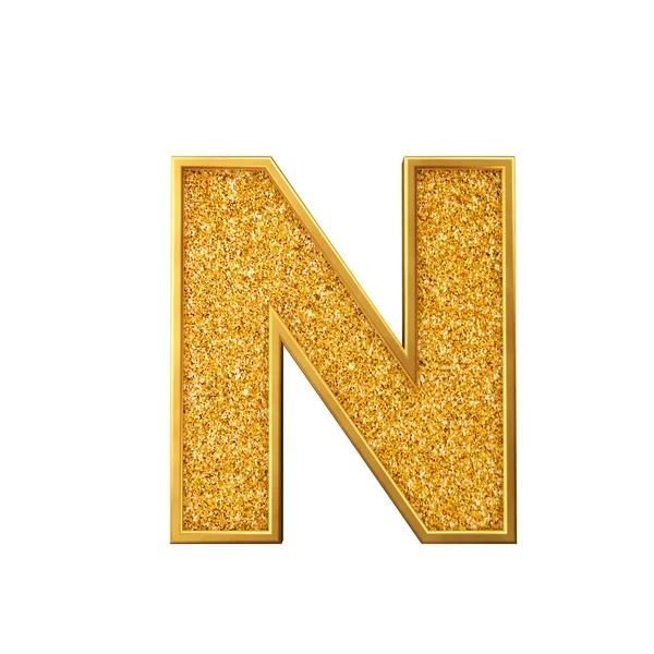 Zlatý třpyt písmeno N. lesklý šumivých zlaté písmeno. 3D vykreslování — Stock fotografie