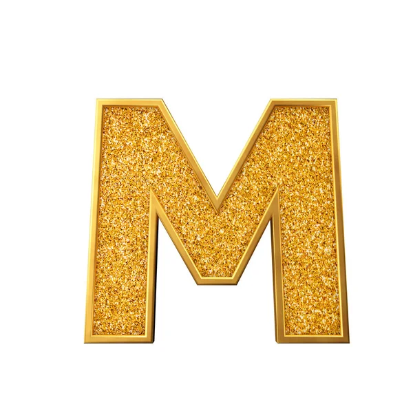 Gold glitter letter M. Shiny sparkling golden capital letter. 3D rendering — Stock Photo, Image