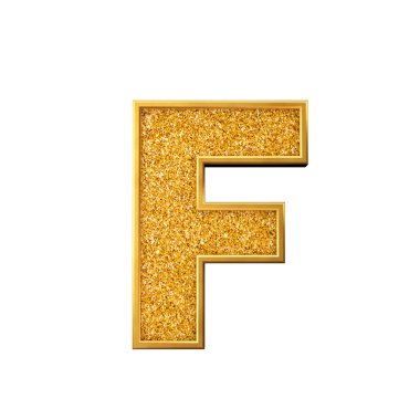 Gold glitter letter F. Shiny sparkling golden capital letter. 3D rendering
