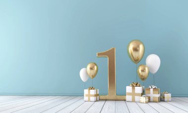 Altın ve beyaz balonlar ve hediye kutuları ile sayı 1 parti kutlama odası. 