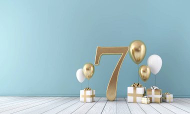 Altın ve beyaz balonlar ve hediye kutuları ile sayı 7 parti kutlama odası. 