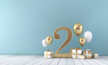 Altın ve beyaz balonlar ve hediyeler ile sayı 2 parti kutlama odası. 