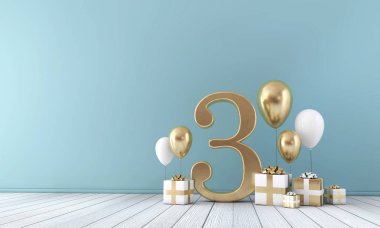 Altın ve beyaz balonlar ve hediye kutuları ile sayı 3 parti kutlama odası.