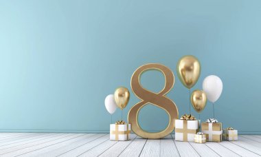 Number 8 party celebration room with gold and white balloons and gift boxes.  clipart