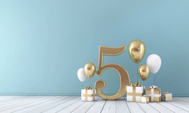 Altın ve beyaz balonlar ve hediye kutuları ile sayı 5 parti kutlama odası. 