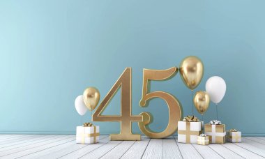 45 numaralı parti kutlama Oda Altın ve beyaz balonlar ve hediye kutuları. 