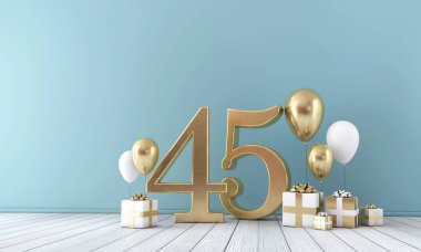 Number 45 party celebration room with gold and white balloons and gift boxes.  clipart
