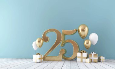 Altın ve beyaz balonlar ve hediye kutuları 25 numaralı parti kutlama Oda. 