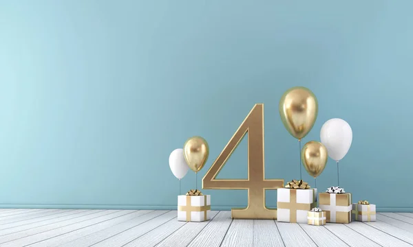 Number 4 party celebration room with gold and white balloons and gift boxes. — Stock Photo, Image