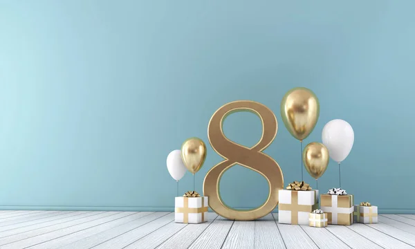 Number 8 party celebration room with gold and white balloons and gift boxes. — Stock Photo, Image