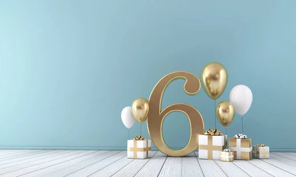 Sala delle feste numero 6 con palloncini d'oro e bianchi e scatole regalo . — Foto Stock