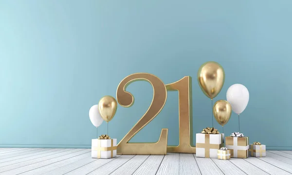Číslo 21 party oslavy místnost s zlaté a bílé balonky a dárkové krabičky. — Stock fotografie