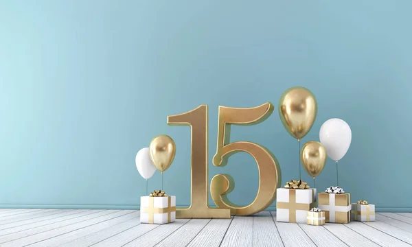 Nummer 15 Partyraum mit goldenen und weißen Luftballons und Geschenkboxen. — Stockfoto