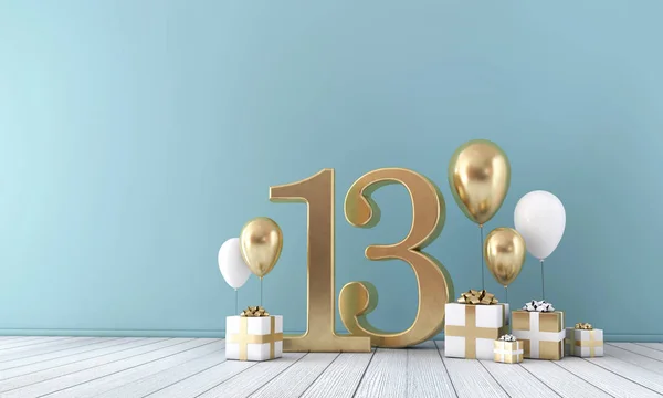 Number 13 party celebration room with gold and white balloons and gift boxes. — Stock Photo, Image