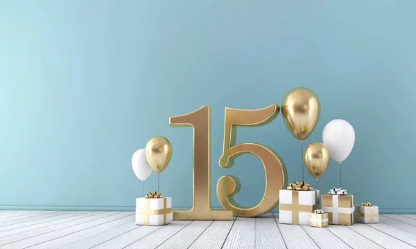 Nummer 15 partij viering kamer met goud en witte ballonnen en geschenkverpakkingen. — Stockfoto