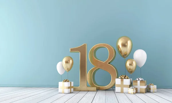 Salle de fête numéro 18 avec ballons dorés et blancs et boîtes-cadeaux . — Photo