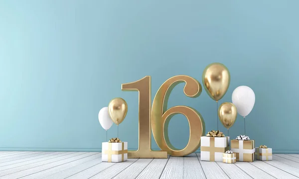 번호 16 파티 축 하-금색과 흰색 풍선 및 선물 상자. — 스톡 사진