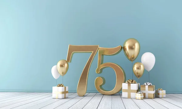 Nummer 75 Partyraum mit goldenen und weißen Luftballons und Geschenkboxen. — Stockfoto