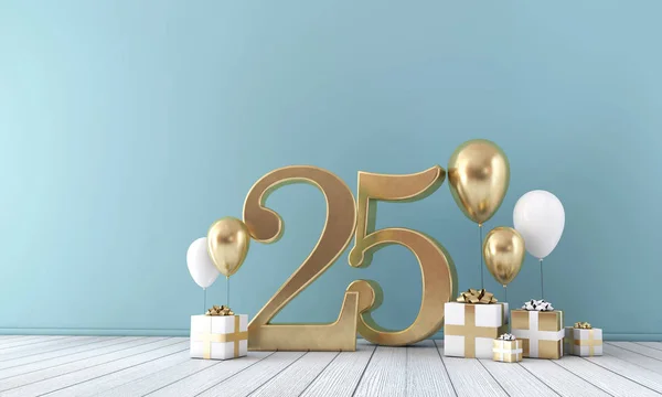 25-ös számú fél ünnepe szoba arany és fehér léggömbökkel és díszdobozok. — Stock Fotó