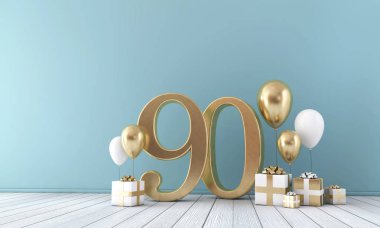 Altın ve beyaz balonlar ve hediye kutuları 90 parti kutlama Oda sayısı. 