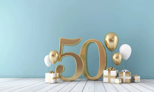 Nummer 50 Partyraum mit goldenen und weißen Luftballons und Geschenkboxen. — Stockfoto