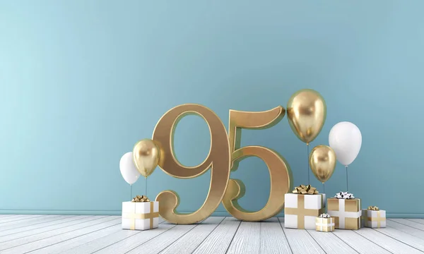 Number 95 party celebration room with gold and white balloons and gift boxes. — Stock Photo, Image