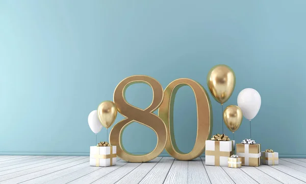 Sala delle feste numero 80 con palloncini d'oro e bianchi e scatole regalo . — Foto Stock