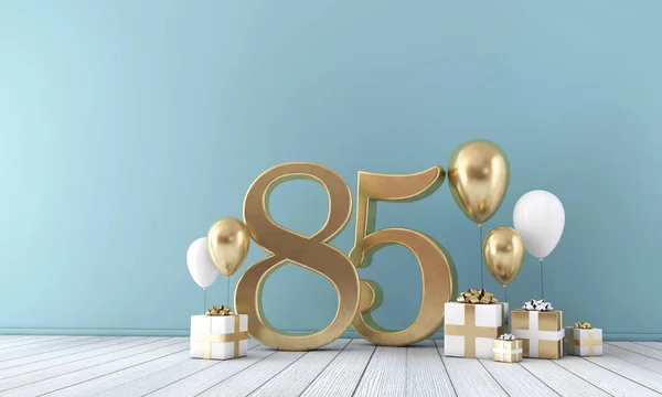 Number 85 party celebration room with gold and white balloons and gift boxes. — Stock Photo, Image
