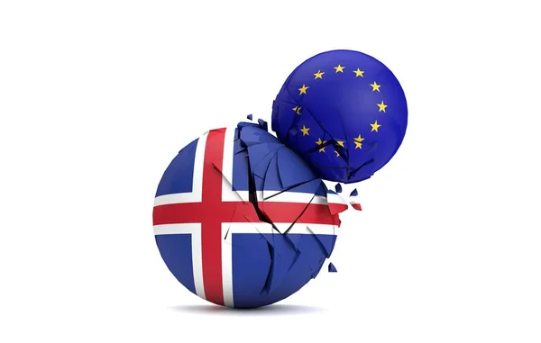 As bolas políticas da ICeland e da União Europeia esmagar juntos. Renderização 3D — Fotografia de Stock