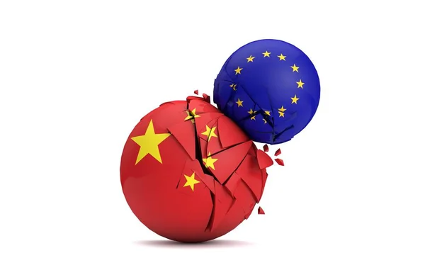As bolas políticas da China e da União Europeia esmagar juntos. Renderização 3D — Fotografia de Stock