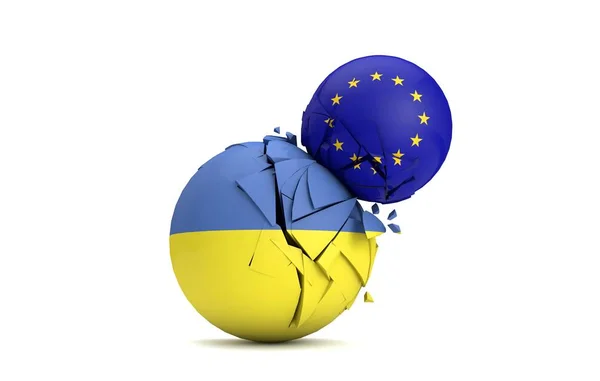 Україна і Європейський Союз політичних кулі розбити разом. 3D візуалізації — стокове фото