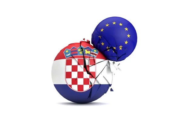 As bolas políticas da Croácia e da União Europeia esmagar juntos. Renderização 3D — Fotografia de Stock