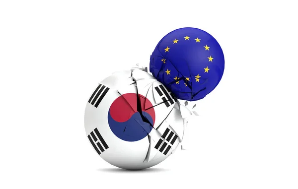 Dél-Korea és az Európai Unió politikai labda törni együtt. 3D render — Stock Fotó