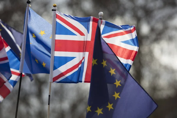 Avrupa Birliği ve İngiliz bayrakları birlikte bir anti-Brexit siyasi Mart burada sinek — Stok fotoğraf