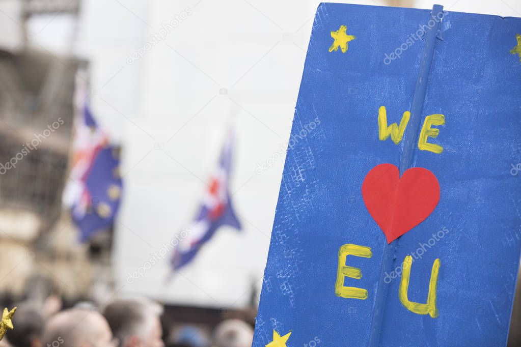We love Europe, pro European brexit sign at a political protest