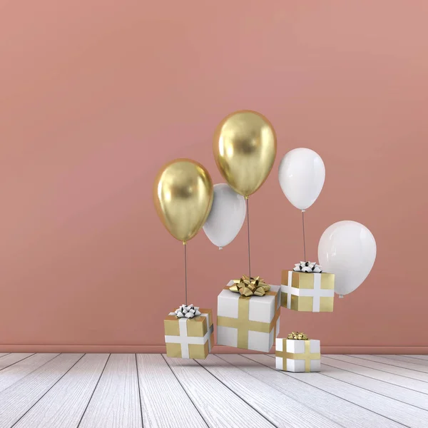 Večírek oslava složení s balónky a dárkové boxy. 3D vykreslování — Stock fotografie