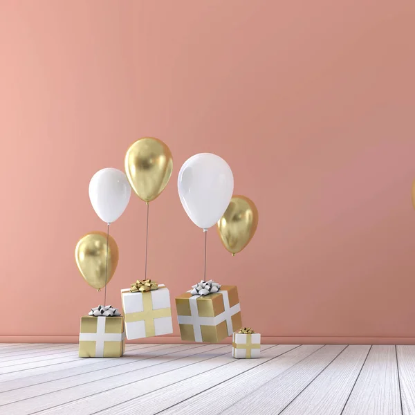 Party celebration composition with balloons and gift boxes. 3D Rendering