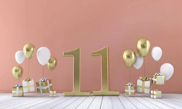 Composição de festa de aniversário número 11 com balões e caixas de presente. Renderização 3D — Fotografia de Stock